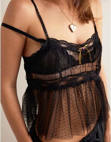 Women Y2k Square Neck Sheer Mesh Peplum Crop Cami Top Boho Spaghetti Strap Backless Lace Trim Babydoll Tank Top in Saudi Arabia