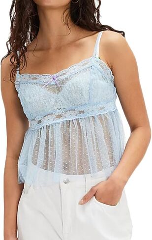 Women Y2k Square Neck Sheer Mesh Peplum Crop Cami Top Boho Spaghetti Strap Backless Lace Trim Babydoll Tank Top in Saudi Arabia