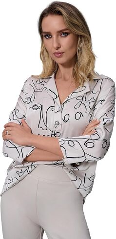 Joseph Ribkoff Women's Hammered Satin Abstract Face Print Boxy Top in Saudi Arabia