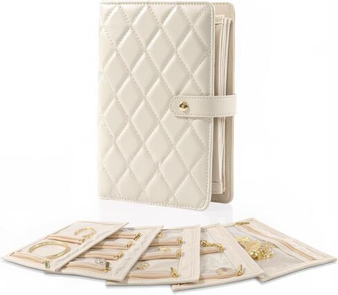 Jewelry Travel Case, Jewelry Organize Storage Book Ring Binder with Clear Zipper Velvet Jewelry Pouches Bags for Rings, Necklace, Earrings, Cream White in Saudi Arabia