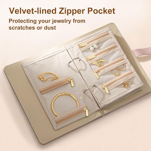 Jewelry Travel Case, Jewelry Organize Storage Book Ring Binder with Clear Zipper Velvet Jewelry Pouches Bags for Rings, Necklace, Earrings, Cream White in Saudi Arabia