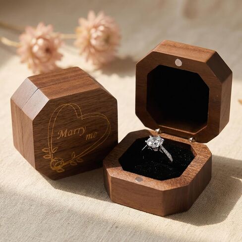 Wooden Ring Box, Mini Engagement Ring Holder with Single Slot, Square Wedding Ring Case for Proposal, Anniversary, Ceremony, and Gift in Saudi Arabia