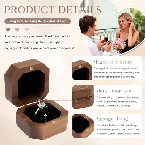 Wooden Ring Box, Mini Engagement Ring Holder with Single Slot, Square Wedding Ring Case for Proposal, Anniversary, Ceremony, and Gift in Saudi Arabia