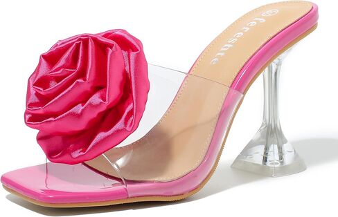 fereshte Women's Clear Heeled Mules with Rose Flower Embellishment, Square Toe Slip On Sandals in Saudi Arabia