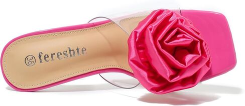 fereshte Women's Clear Heeled Mules with Rose Flower Embellishment, Square Toe Slip On Sandals in Saudi Arabia