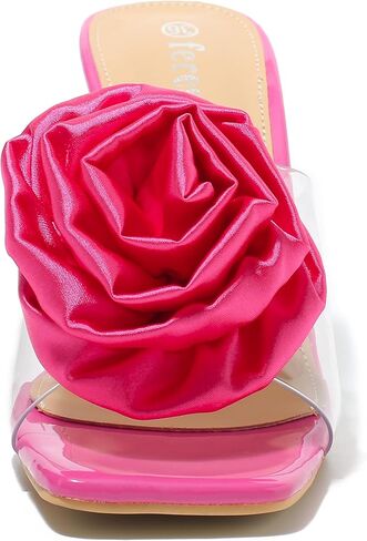 fereshte Women's Clear Heeled Mules with Rose Flower Embellishment, Square Toe Slip On Sandals in Saudi Arabia