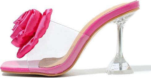 fereshte Women's Clear Heeled Mules with Rose Flower Embellishment, Square Toe Slip On Sandals in Saudi Arabia