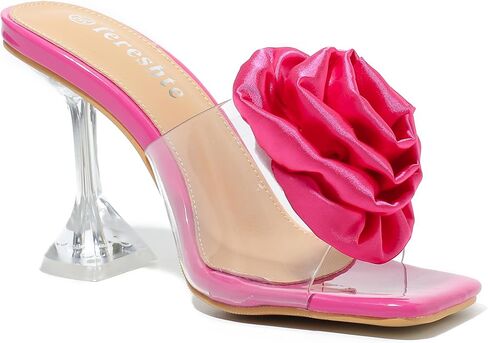 fereshte Women's Clear Heeled Mules with Rose Flower Embellishment, Square Toe Slip On Sandals in Saudi Arabia