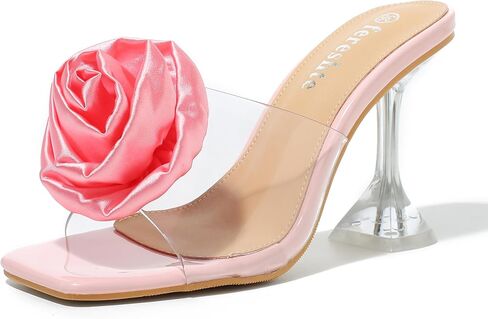fereshte Women's Clear Heeled Mules with Rose Flower Embellishment, Square Toe Slip On Sandals in Saudi Arabia