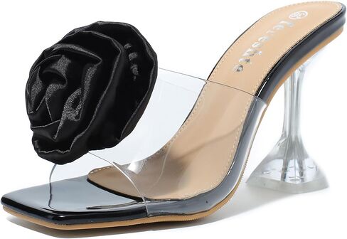 fereshte Women's Clear Heeled Mules with Rose Flower Embellishment, Square Toe Slip On Sandals in Saudi Arabia