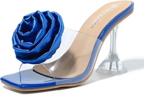 fereshte Women's Clear Heeled Mules with Rose Flower Embellishment, Square Toe Slip On Sandals in Saudi Arabia
