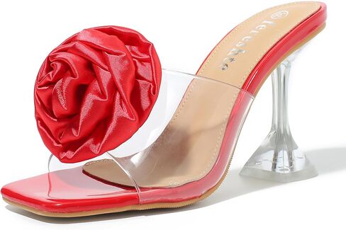 fereshte Women's Clear Heeled Mules with Rose Flower Embellishment, Square Toe Slip On Sandals in Saudi Arabia