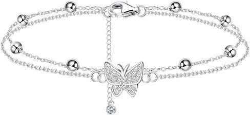 925 Sterling Silver Ankle Bracelets for Women Heart Butterfly Beaded Initial Anklet Layered Dainty Chain Adjustable Beach Foot Jewelry Summer Cute Beach Gift for Her in Saudi Arabia