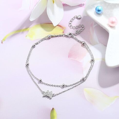 925 Sterling Silver Ankle Bracelets for Women Heart Butterfly Beaded Initial Anklet Layered Dainty Chain Adjustable Beach Foot Jewelry Summer Cute Beach Gift for Her in Saudi Arabia