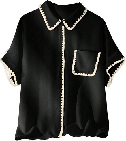 Verdusa Women's Plus Size Button Down Dressy Blouses Contrast Trim Work Tops Collared Shirts with Pocket in Saudi Arabia