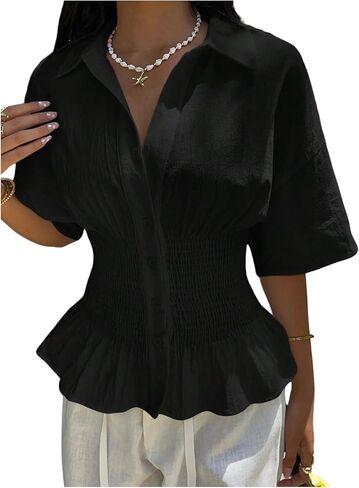 Milumia Women's Collar Button Down Short Sleeve Peplum Top Smocked Cinched Waist Dressy Casual Blouses in Saudi Arabia