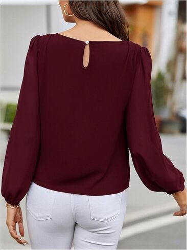 Milumia Women's Crewneck Long Puff Sleeve Keyhole Shirt Elegant Office Work Short Blouses in Saudi Arabia