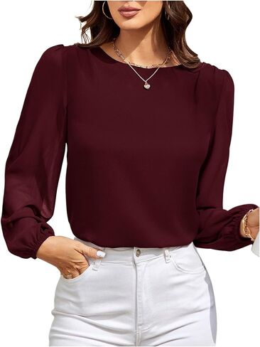 Milumia Women's Crewneck Long Puff Sleeve Keyhole Shirt Elegant Office Work Short Blouses in Saudi Arabia