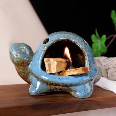 Handcrafted Brown Ceramic Turtle Mini Chiminea Palo Santo Burner Holder ，for Burning Sage、Cone Incense、Copal&Small Candle，Thoughtful Gifts for Meditation, Yoga, Aromatherapy Altar、Zen Spaces in Saudi Arabia