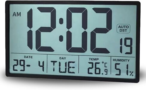 Digital Wall Clock with Large 9.3" LCD Display – Indoor Temperature, Humidity, Date, Day of Week, Alarm, 12/24 Hour Format – Battery Operated Wall or Desk Clock (Jet Black) in Saudi Arabia