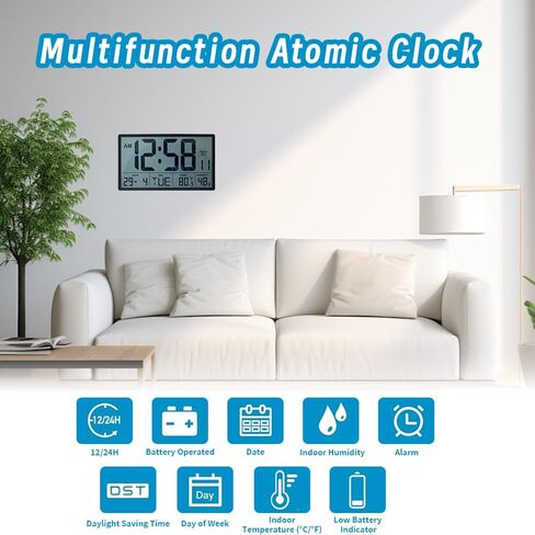 Digital Wall Clock with Large 9.3" LCD Display – Indoor Temperature, Humidity, Date, Day of Week, Alarm, 12/24 Hour Format – Battery Operated Wall or Desk Clock (Jet Black) in Saudi Arabia