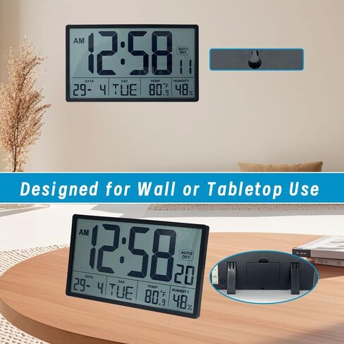 Digital Wall Clock with Large 9.3" LCD Display – Indoor Temperature, Humidity, Date, Day of Week, Alarm, 12/24 Hour Format – Battery Operated Wall or Desk Clock (Jet Black) in Saudi Arabia