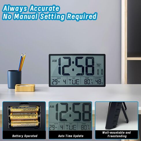 Digital Wall Clock with Large 9.3" LCD Display – Indoor Temperature, Humidity, Date, Day of Week, Alarm, 12/24 Hour Format – Battery Operated Wall or Desk Clock (Jet Black) in Saudi Arabia