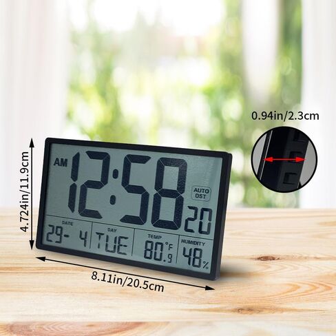 Digital Wall Clock with Large 9.3" LCD Display – Indoor Temperature, Humidity, Date, Day of Week, Alarm, 12/24 Hour Format – Battery Operated Wall or Desk Clock (Jet Black) in Saudi Arabia