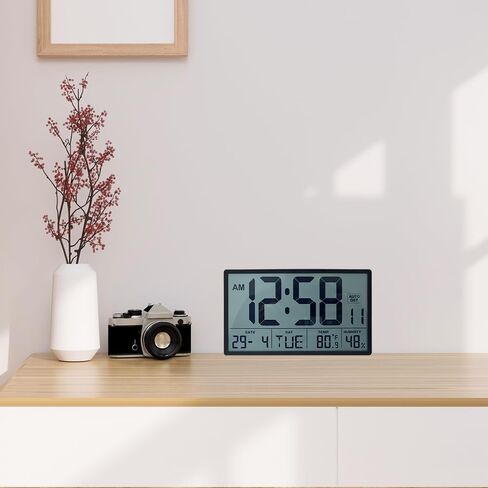 Digital Wall Clock with Large 9.3" LCD Display – Indoor Temperature, Humidity, Date, Day of Week, Alarm, 12/24 Hour Format – Battery Operated Wall or Desk Clock (Jet Black) in Saudi Arabia