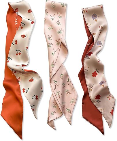 3 Packs Skinny Silk Scarf Women Girls Narrow Long Neckerchief Floral Print Polka Dot Pattern Satin Slim Ribbon Scarf in Kuwait