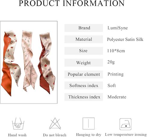 3 Packs Skinny Silk Scarf Women Girls Narrow Long Neckerchief Floral Print Polka Dot Pattern Satin Slim Ribbon Scarf in Kuwait