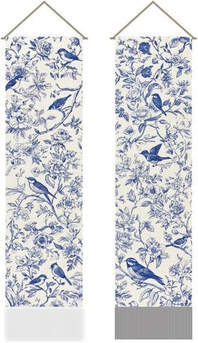 AHANDMAKER حزمة من 2 الأزرق والأبيض Chinoiserie الأزهار الطيور المفروشات، العمودي النمط الصيني الجمالية نسيج طويل، ستارة المدخل شرابة الجدار شنقا لغرفة النوم غرفة المعيشة، 13 × 51 بوصة in Kuwait