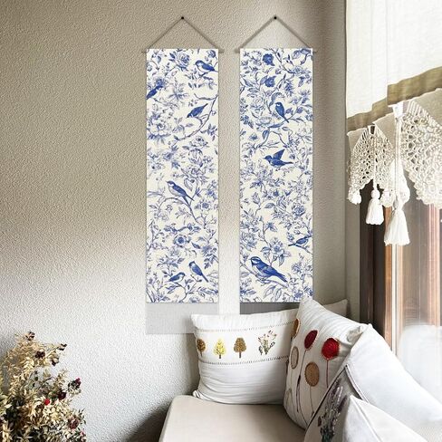 AHANDMAKER حزمة من 2 الأزرق والأبيض Chinoiserie الأزهار الطيور المفروشات، العمودي النمط الصيني الجمالية نسيج طويل، ستارة المدخل شرابة الجدار شنقا لغرفة النوم غرفة المعيشة، 13 × 51 بوصة in Kuwait