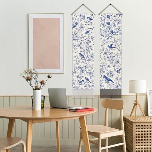 AHANDMAKER حزمة من 2 الأزرق والأبيض Chinoiserie الأزهار الطيور المفروشات، العمودي النمط الصيني الجمالية نسيج طويل، ستارة المدخل شرابة الجدار شنقا لغرفة النوم غرفة المعيشة، 13 × 51 بوصة in Kuwait
