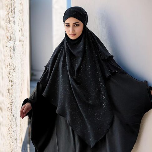 المرأة خيمار الحجاب مسلم رمضان عيد الصلاة وشاح طويل 2-طبقة غطاء الرأس عمامة عباية جلباب النقاب الإسلامي موكينا in Kuwait