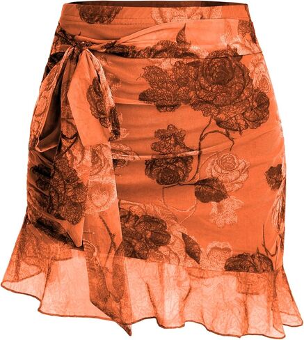 Women's Mesh Mini Skirt Tie High Waist Summer Floral Print Ruched Ruffle Short Skirts in Kuwait