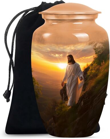 Jesus Cross Urn Large 10 Inch Decorative Jar for Human Ashes, Memorial Vessel with Velvet Bag, Elegant Cremation Keepsake Funeral Urn in Saudi Arabia