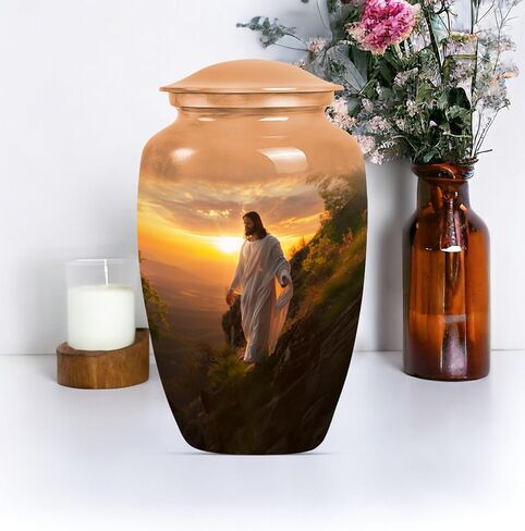 Jesus Cross Urn Large 10 Inch Decorative Jar for Human Ashes, Memorial Vessel with Velvet Bag, Elegant Cremation Keepsake Funeral Urn in Saudi Arabia