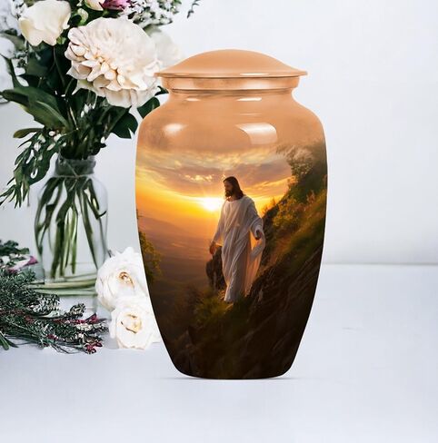 Jesus Cross Urn Large 10 Inch Decorative Jar for Human Ashes, Memorial Vessel with Velvet Bag, Elegant Cremation Keepsake Funeral Urn in Saudi Arabia