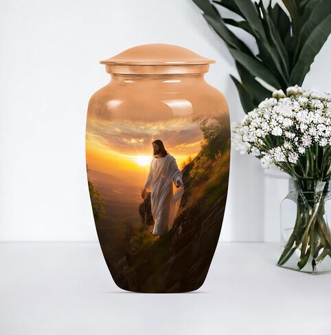 Jesus Cross Urn Large 10 Inch Decorative Jar for Human Ashes, Memorial Vessel with Velvet Bag, Elegant Cremation Keepsake Funeral Urn in Saudi Arabia