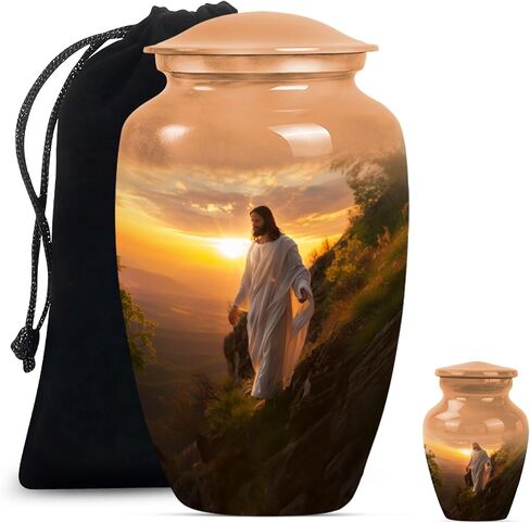 Jesus Cross Urn Large 10 Inch Decorative Jar for Human Ashes, Memorial Vessel with Velvet Bag, Elegant Cremation Keepsake Funeral Urn in Saudi Arabia