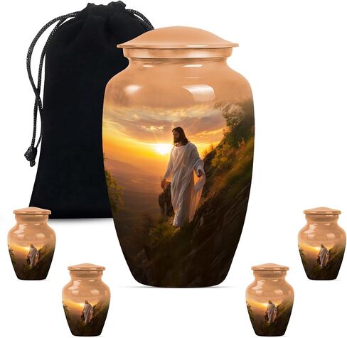 Jesus Cross Urn Large 10 Inch Decorative Jar for Human Ashes, Memorial Vessel with Velvet Bag, Elegant Cremation Keepsake Funeral Urn in Saudi Arabia