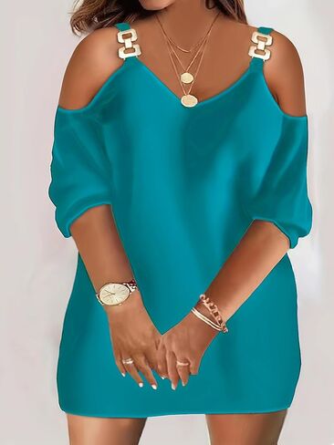 Womens V Neck Short Sleeve Cold Shoulder Plus Size Strap Summer Loose Casual Dresses in Saudi Arabia