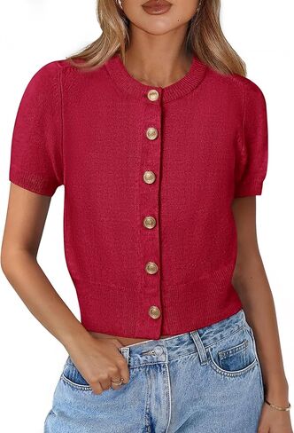 PRETTYGARDEN Womens Casual Summer Short Sleeve Cardigans 2025 Button Down Knitted Sweater Basic Crew Neck Crop Tops in Saudi Arabia