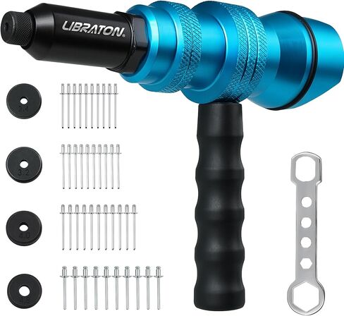 LIBRATON Pop Rivet Gun Kit, Two-Handed Rivet Gun, Heavy Duty Rivet Gun Kit, Pop Rivet Tool with 250 Aluminum Rivets in Box, 5 Tool-Free Interchangeable Nozzles, 5 HSS Drill Bits, for Automotive, Metal in Kuwait