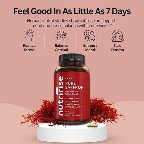 NutriRise Saffron Supplements 120 Capsules, 88.5mg Pure Extract - 4 Month Supply for Mood, Energy, Sleep, Stress & Cortisol Support - Non-GMO, Vegan & Gluten-Free for Women & Men in Saudi Arabia