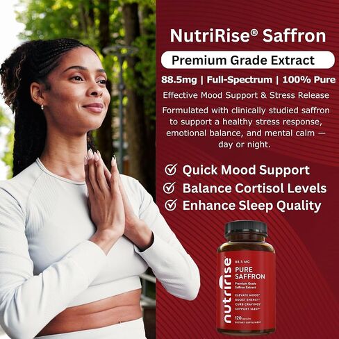 NutriRise Saffron Supplements 120 Capsules, 88.5mg Pure Extract - 4 Month Supply for Mood, Energy, Sleep, Stress & Cortisol Support - Non-GMO, Vegan & Gluten-Free for Women & Men in Saudi Arabia