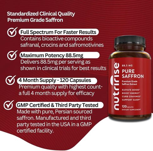 NutriRise Saffron Supplements 120 Capsules, 88.5mg Pure Extract - 4 Month Supply for Mood, Energy, Sleep, Stress & Cortisol Support - Non-GMO, Vegan & Gluten-Free for Women & Men in Saudi Arabia
