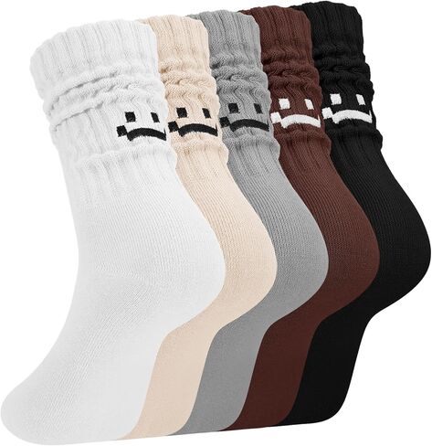 5 Pair Scrunch Crew Socks for Women Retro Cute Boot Socks Brown Smile Face Sock Cotton Chunky Sock for Workout Hospital in Saudi Arabia