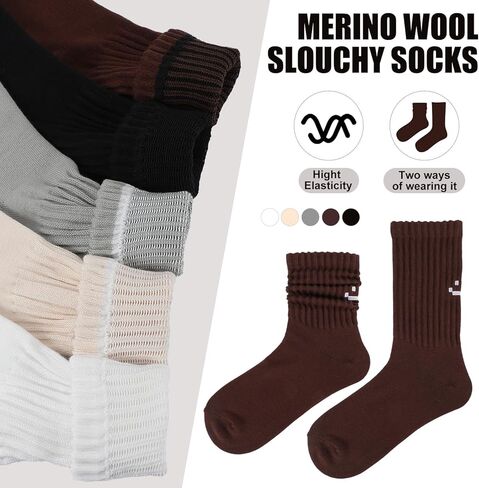 5 Pair Scrunch Crew Socks for Women Retro Cute Boot Socks Brown Smile Face Sock Cotton Chunky Sock for Workout Hospital in Saudi Arabia